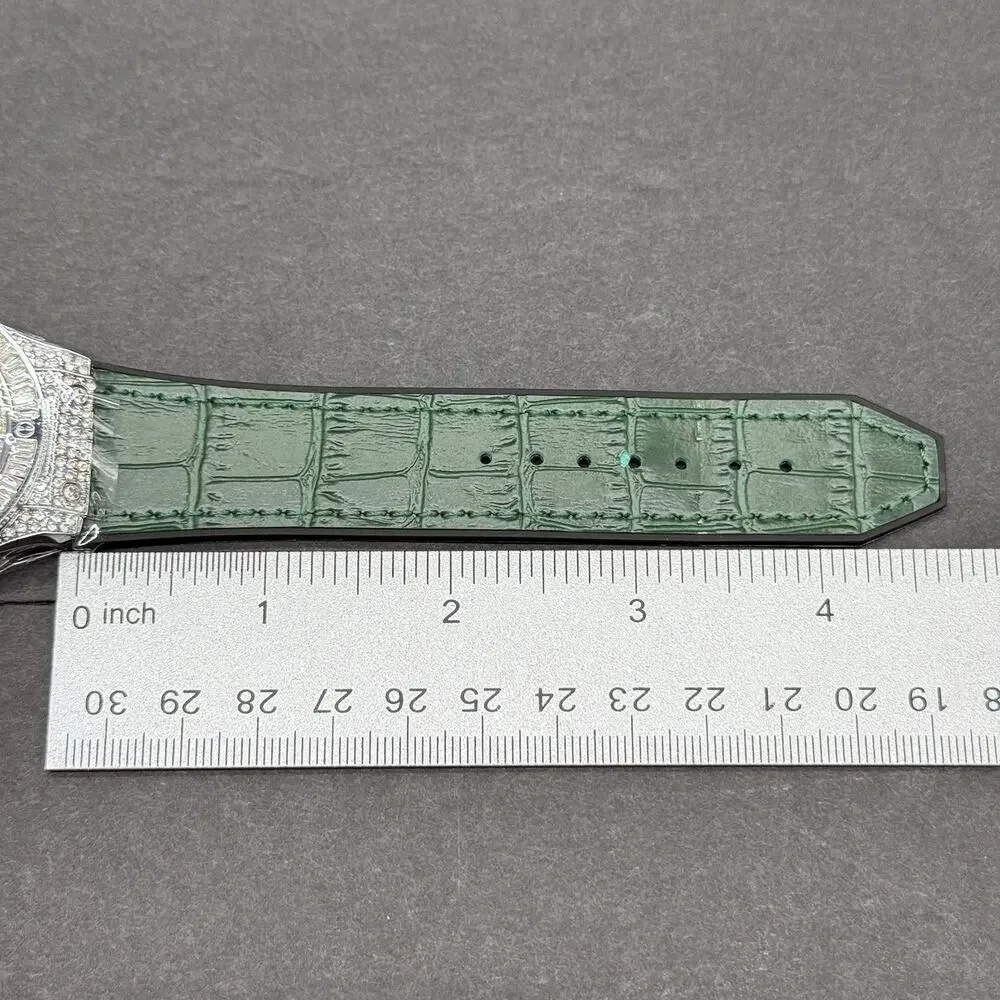 Iced Out Watch Silver Tone Green Leather Band Arabic Dial Baguette Bezel NEW